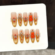 365nails: "Citrino Dourado" – Unhas Amêndoas Artesanais com Pedras Preciosas 3D e Strass
