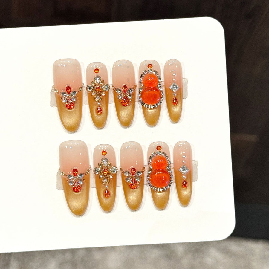 365nails: "Gilded Citrine" – 3D Gemstone & Rhinestone Handmade Almond Nails