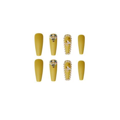 Mustard yellow-green  butterfly nail art full drill nail patch white   nail art wholesale｜365nails