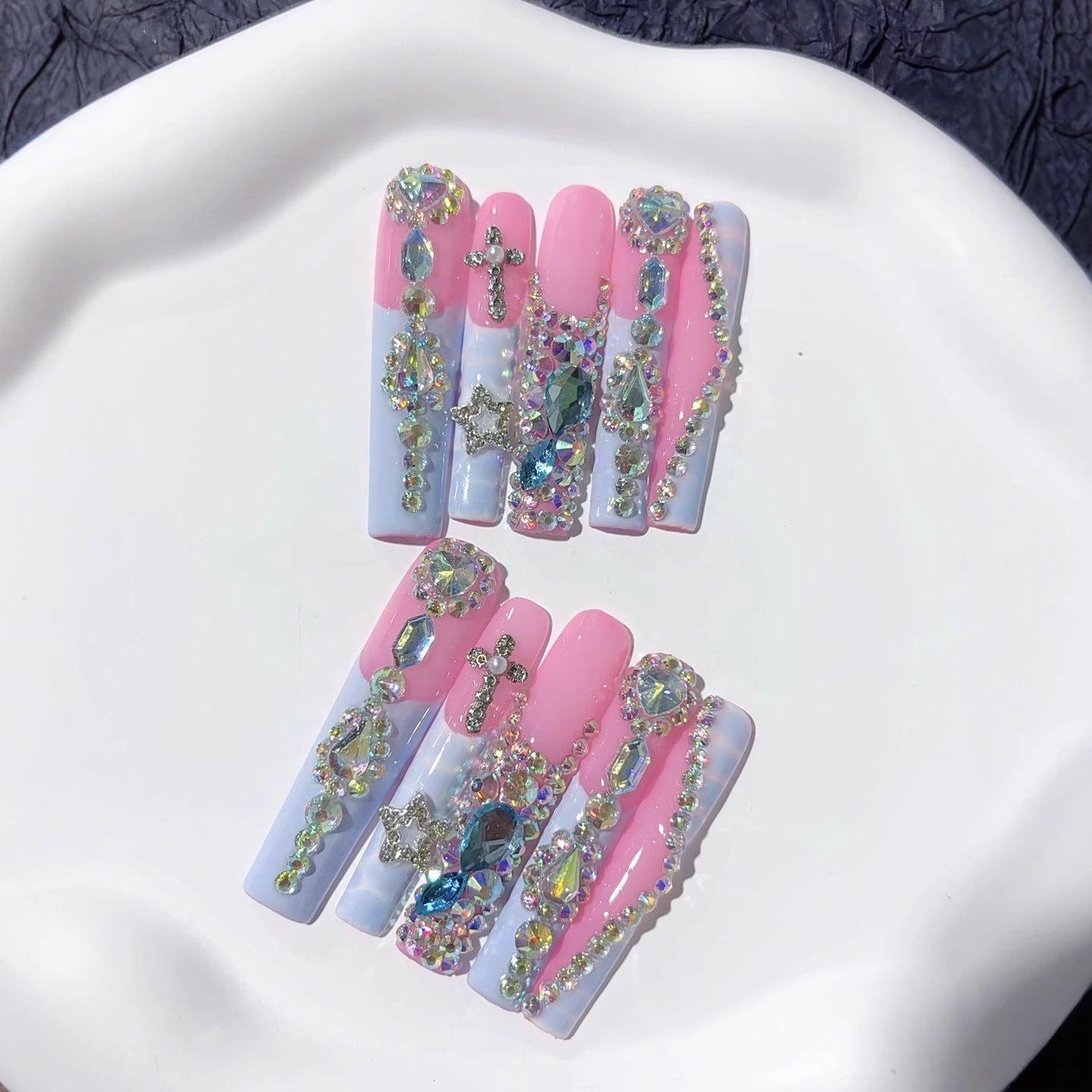 Pink Lavender Butterfly Crystal Glam Press On Nails