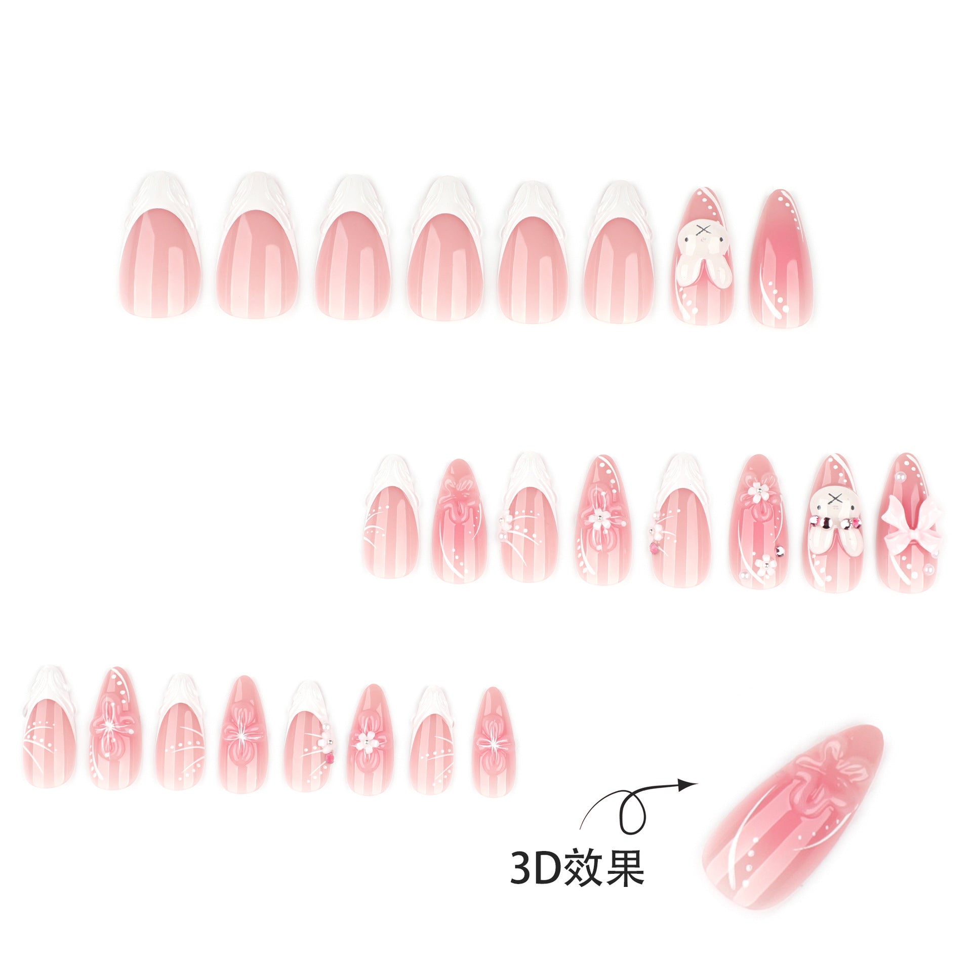 Long Almond Press On Nails with Pink Base & White Bunny & Bow & Floral Accents