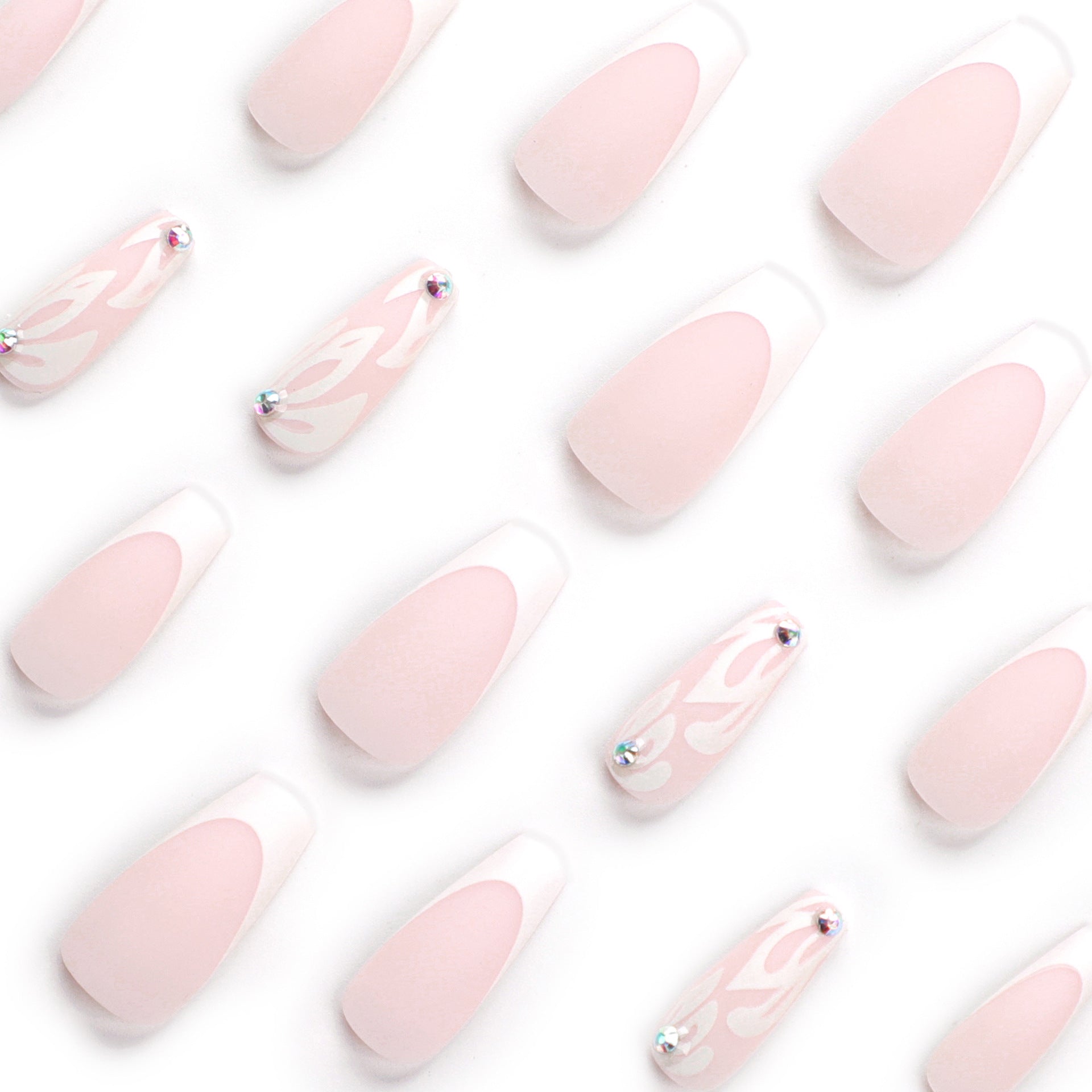 French white medium and long press on nails silver glitter flower nails patch nude point diamond nails piece finished product wholesale｜365nails