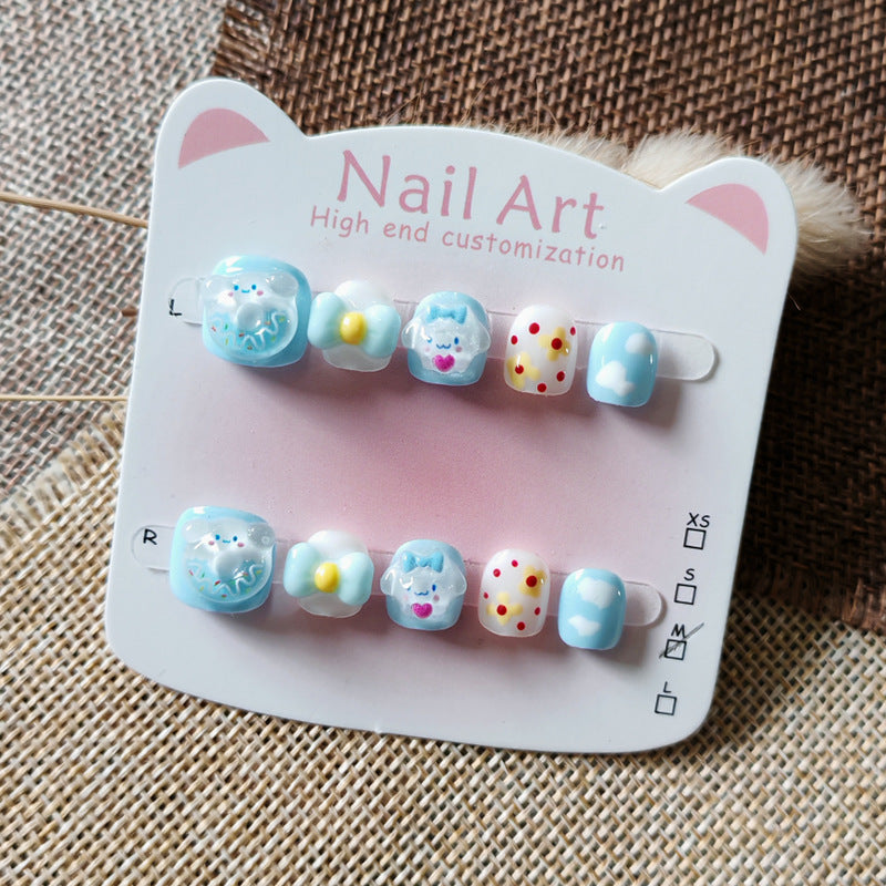 365Nails: "Cinnamoroll Cloud Dream" – Handmade Cute Short Oval Press On Nails With Cinnamoroll & Flower Design