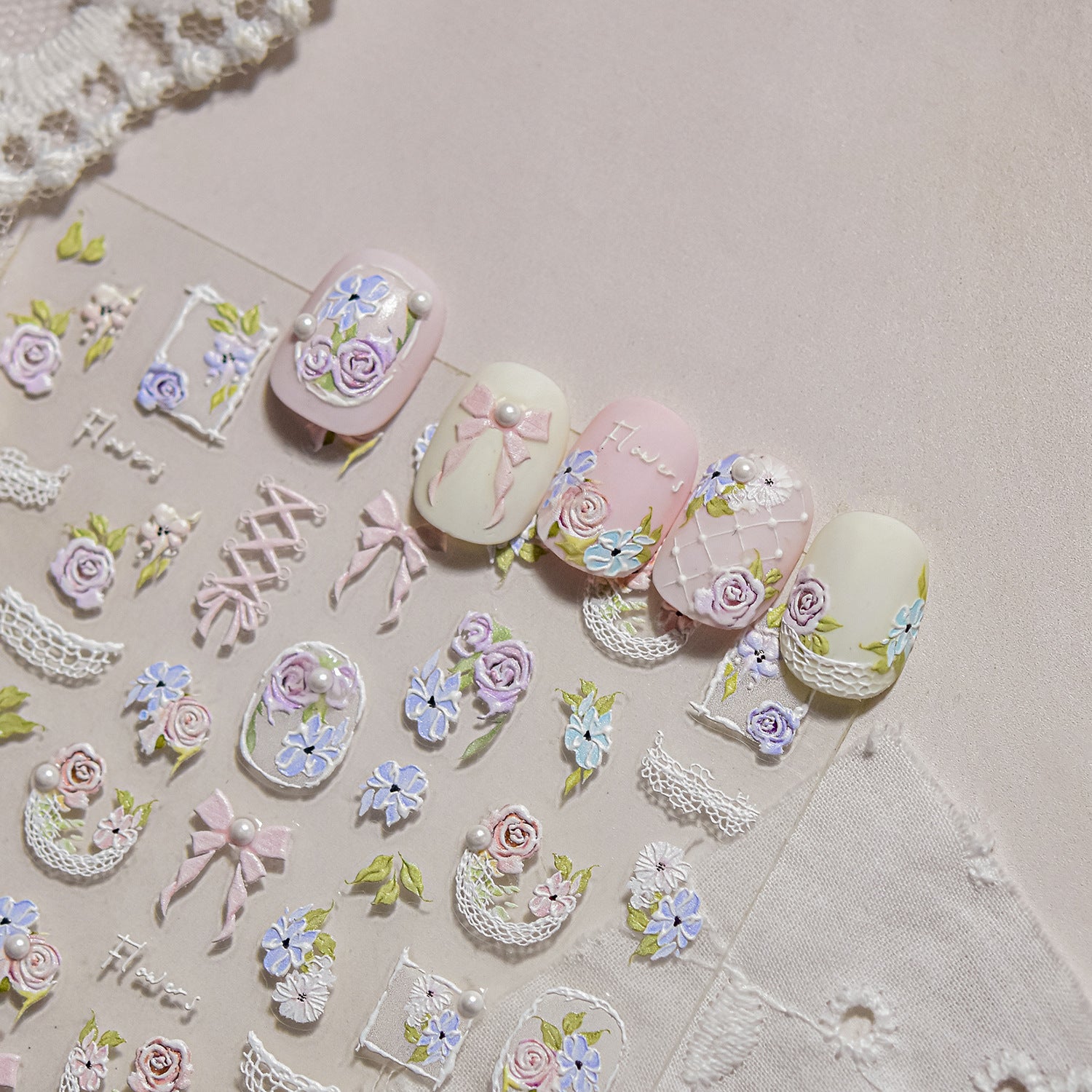 Pastel Floral Bow Collection: "Blush Garden" – 3D Embossed Nail Sticker