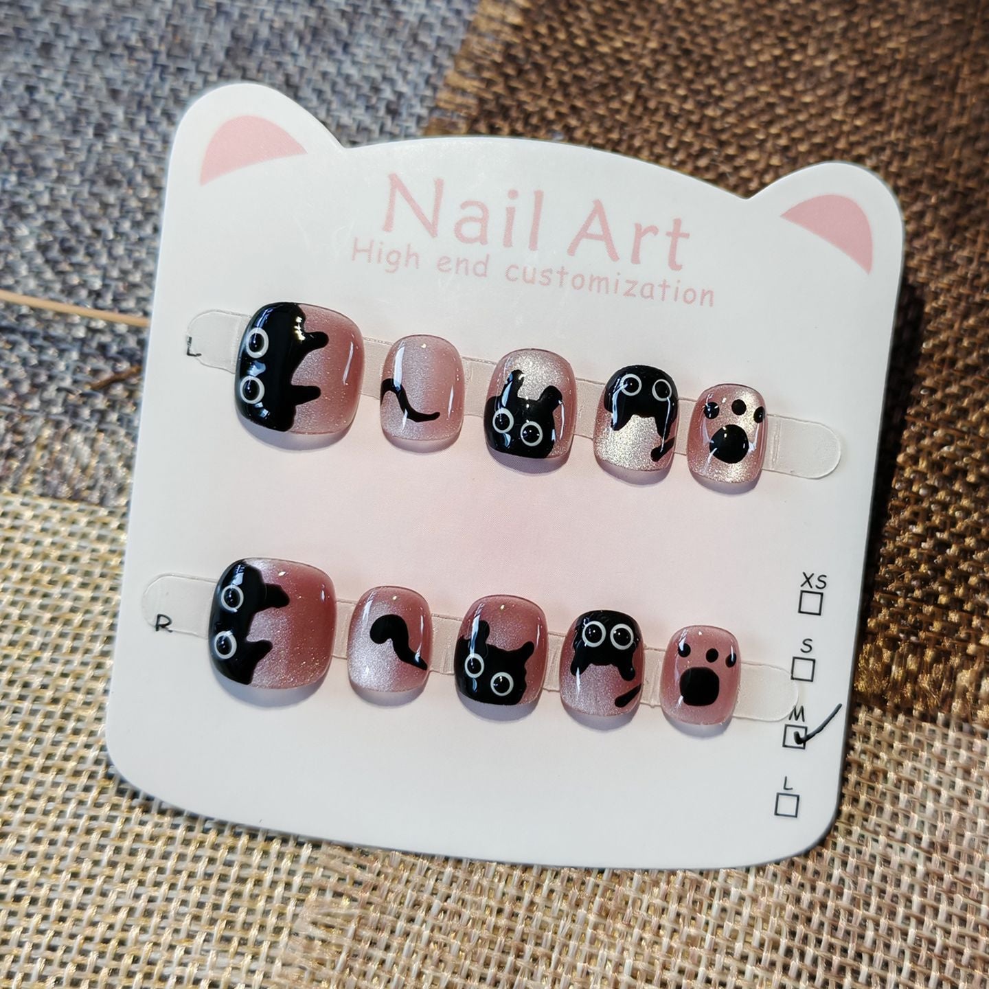 365nails: "mischievous black kitty" – short round handmade kids press-on nails