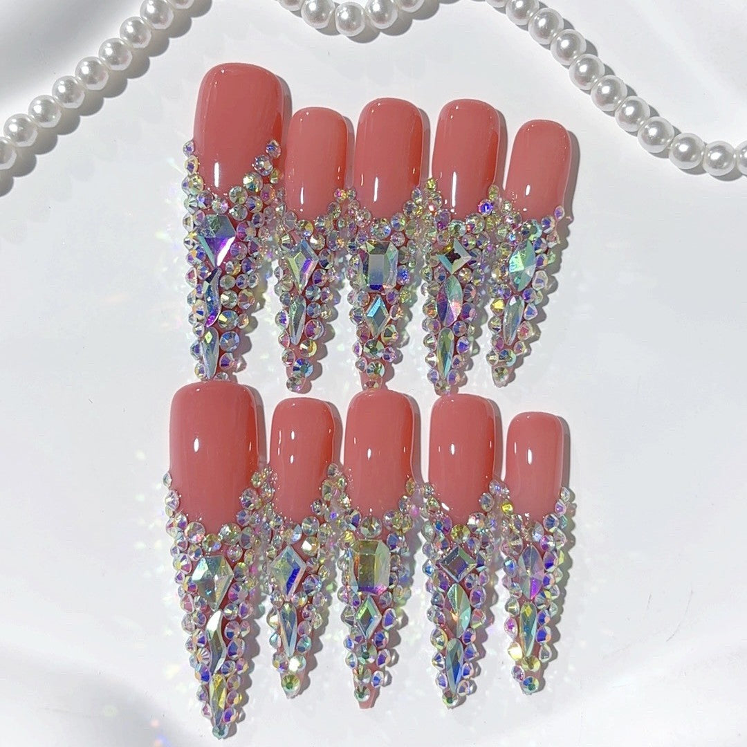 Coral Crystal Drip Extra Long Press On Nails