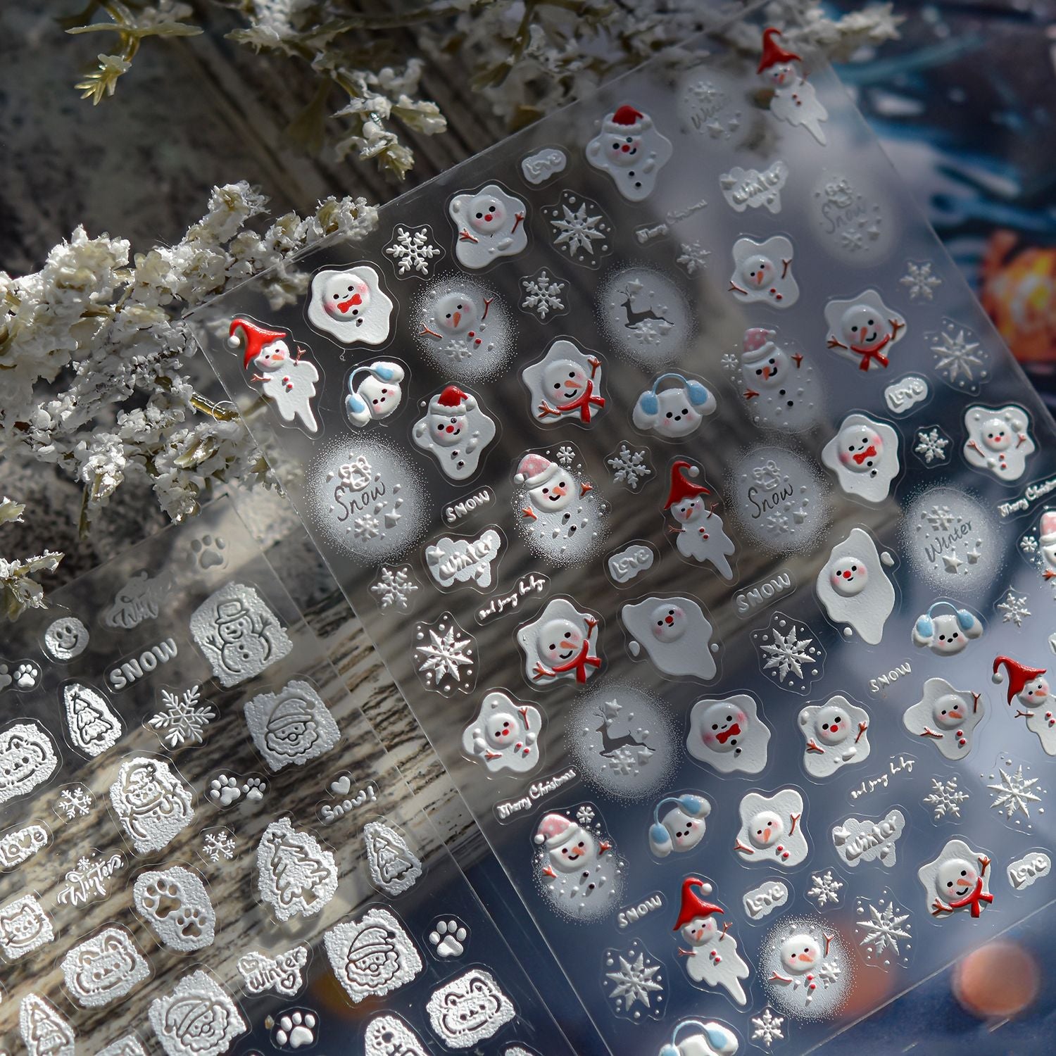 冬季雪人系列：「可愛雪人與雪花」— 3D 浮雕指甲貼