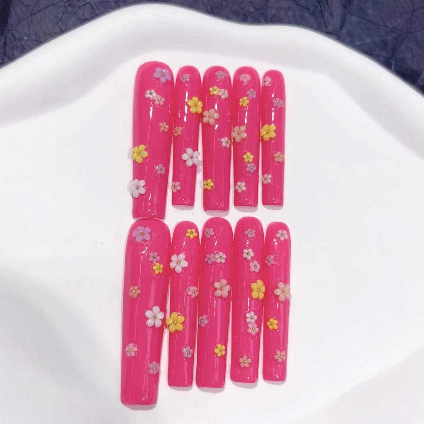 365nails: "Pink Blossom Fantasy" – Extra Long Square Hot Pink 3D Flower Handmade Press-On Nails