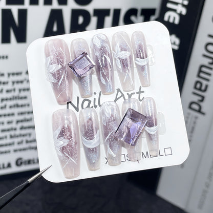 Ice through cat eye long  hand-painted relief flower Handmade press on nails  ｜365nails
