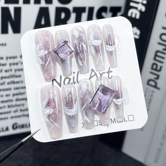 Ice through cat eye long  hand-painted relief flower Handmade press on nails  ｜365nails