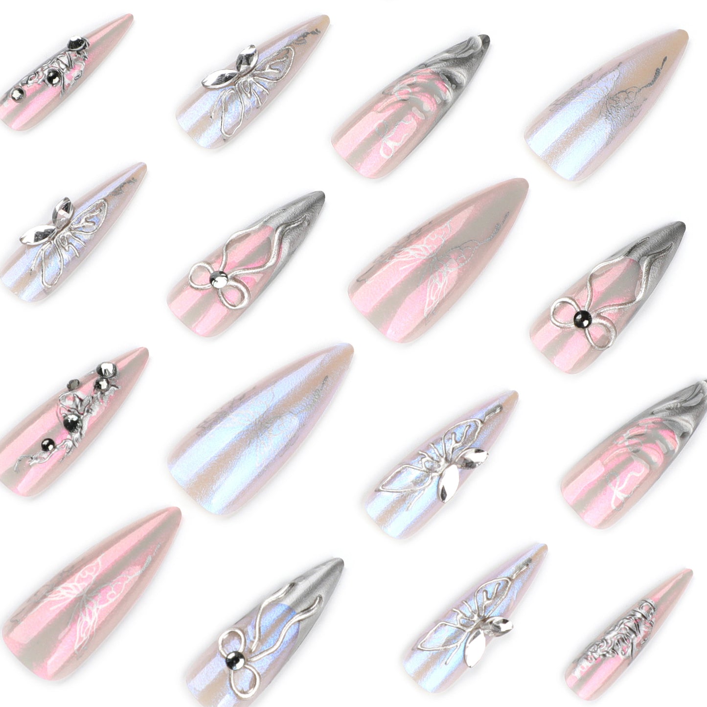 Silver Chrome 3D Butterfly Stiletto Fantasy Press On Nails