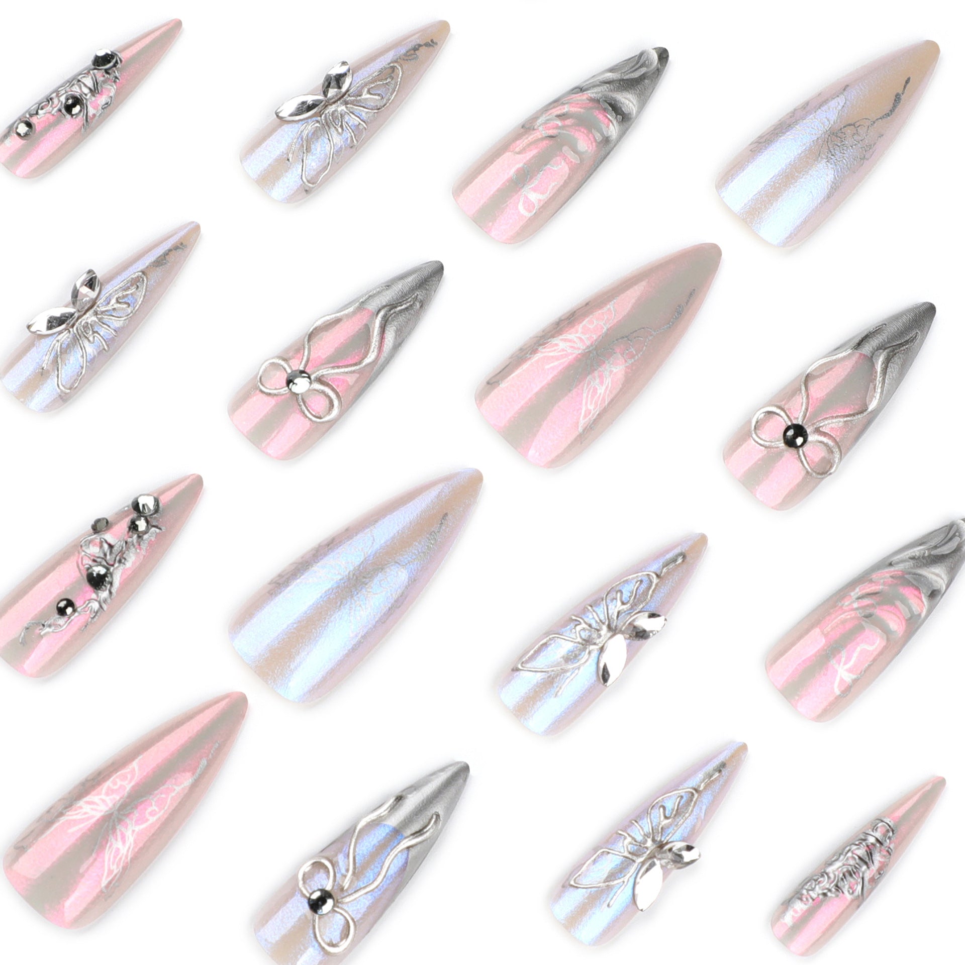 Silver Chrome 3D Butterfly Stiletto Fantasy Press On Nails