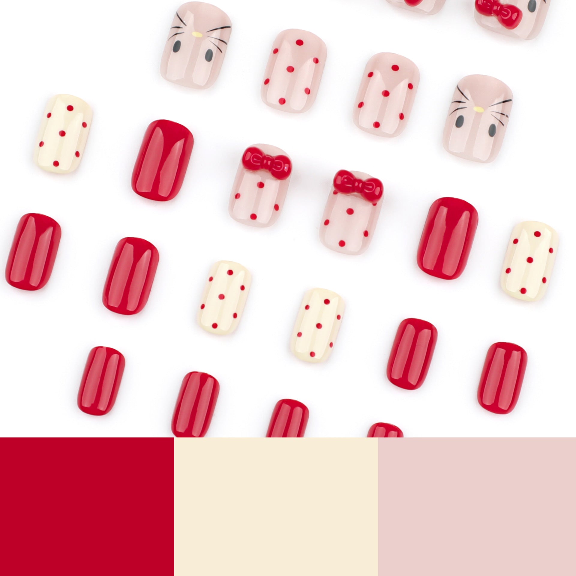 Uñas postizas de gato con diseño de gato, diseño de gato, con punta tridimensional, lazo de diamante, manicura extraíble, diseño de lunares rojos, venta al por mayor | 365nails