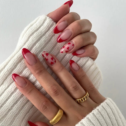 Simple naked pink Valentine's Day wearing nail French red edge manicure fake nail  hot-selling red love nail piece｜365nails