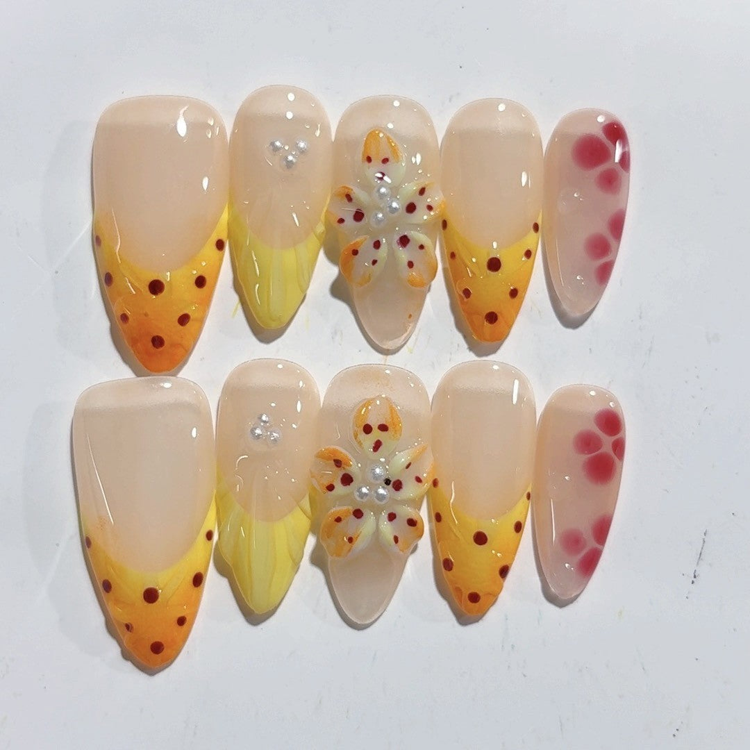 Citrus Bloom: "Fruity Floral" – Almond Shape Handmade Painted Press-On Nails