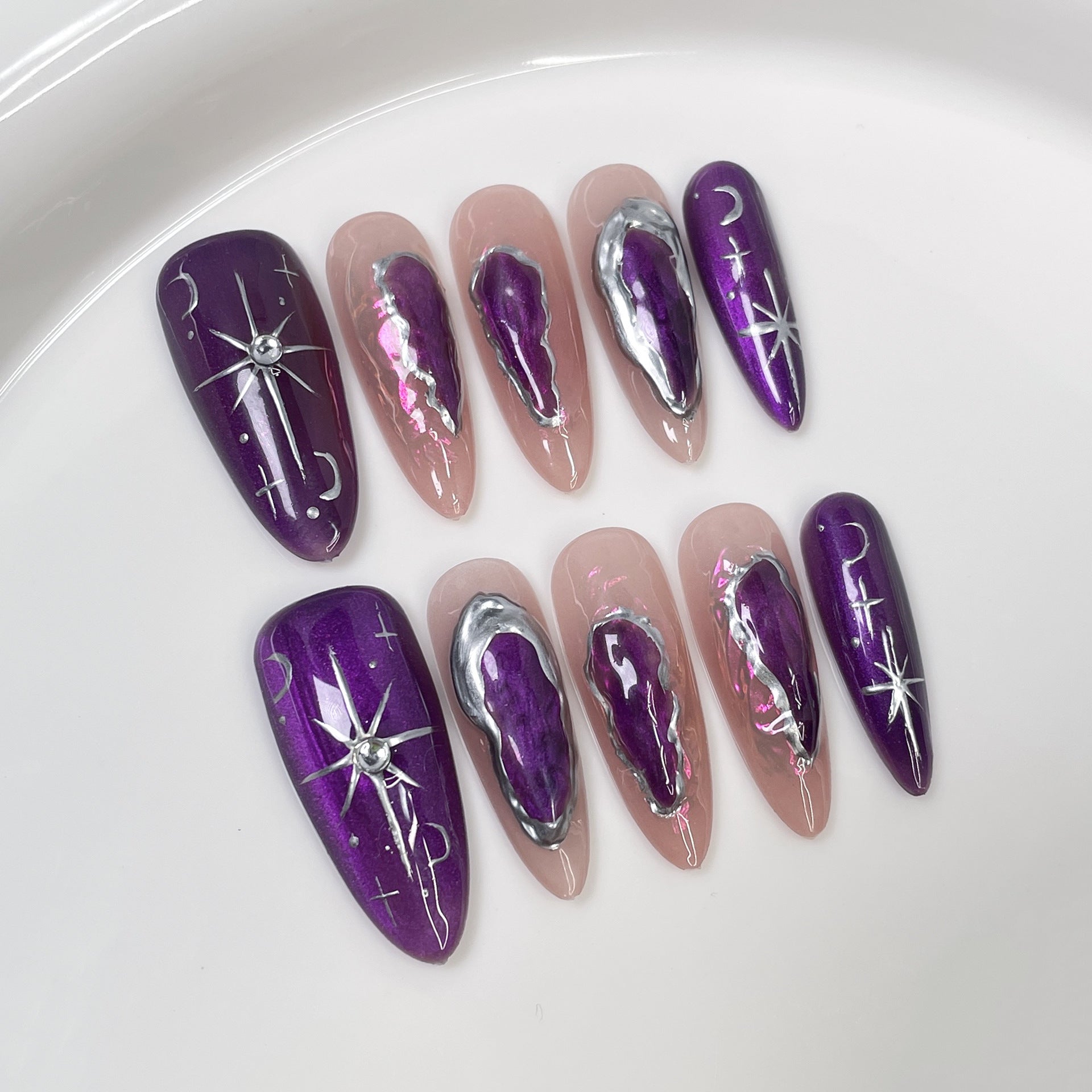 Mystic Purple Chrome Liquid Metal Celestial Long Press-On Nails