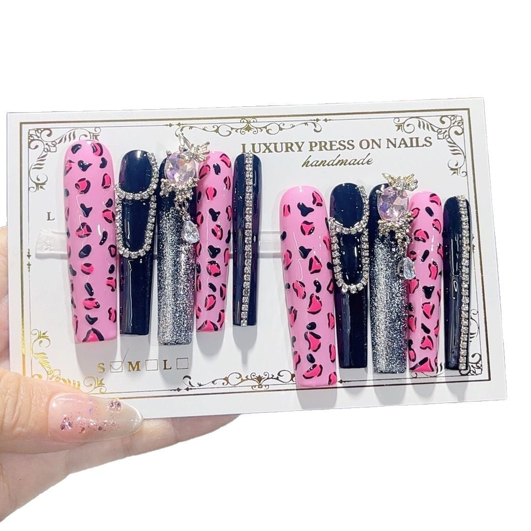 Pink Leopard Black Glam Press On Nail Set