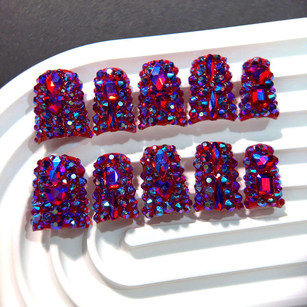 Red AB Crystal Nails with Full Glitter Luxury Finish