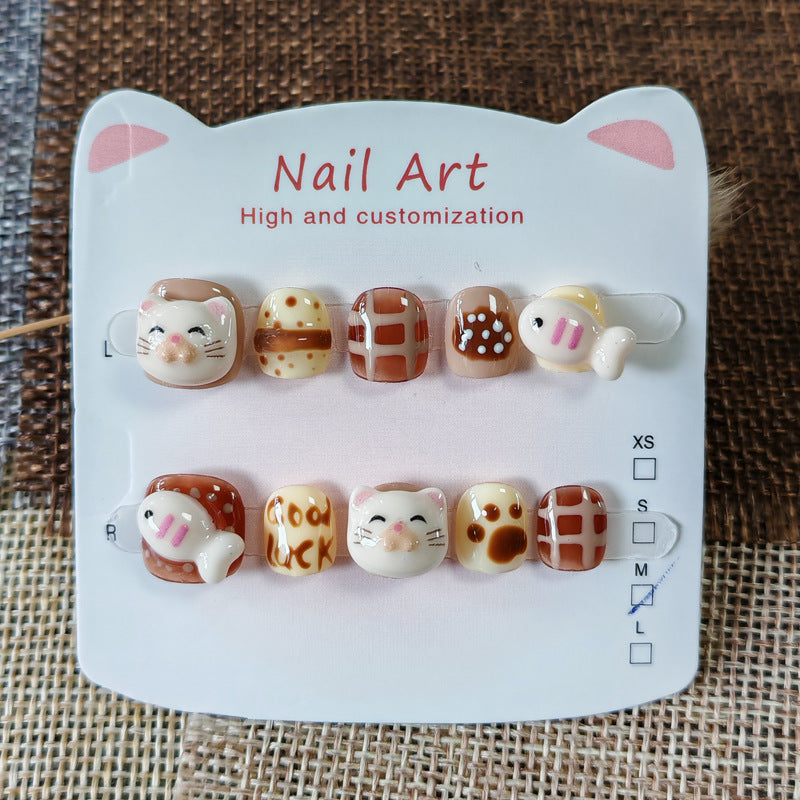 365nails: "caramel kitty" – short round handmade kids press-on nails