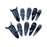 Gothic Press-On Nails with Silver Charms and Dark Gradient Style