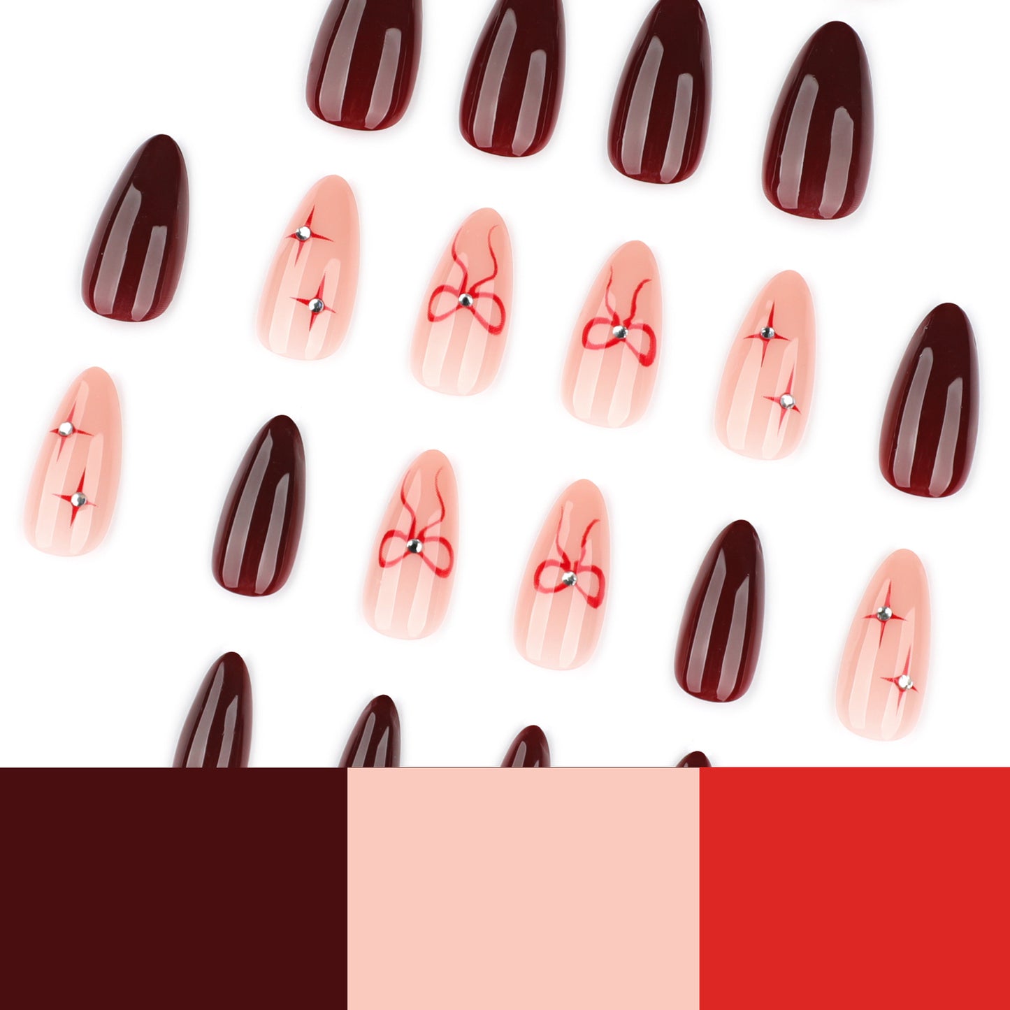 Elegant Burgundy Bow Accent Oval Press On Nails