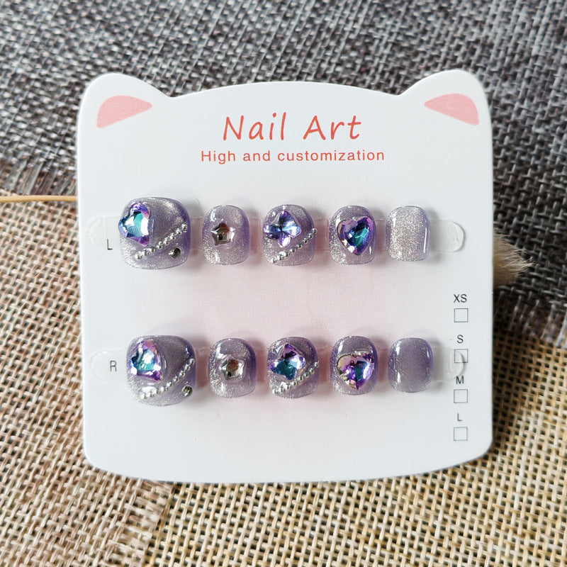 365nails: "aurora lavender starheart" – short squoval handmade kids press-on nails
