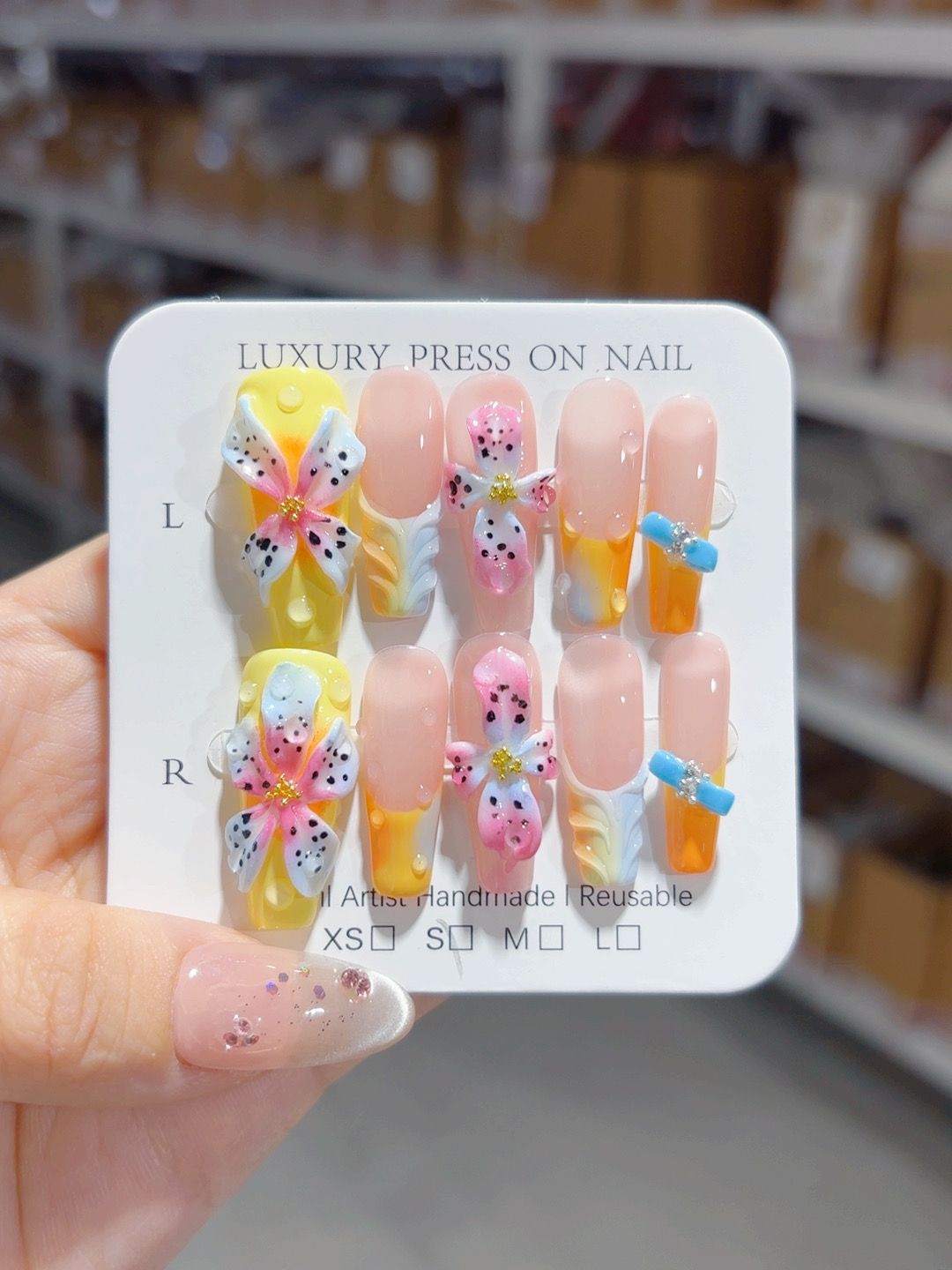 Tropical Bloom: "Stargazer Lily Splash" – Long Almond Press-On Nails