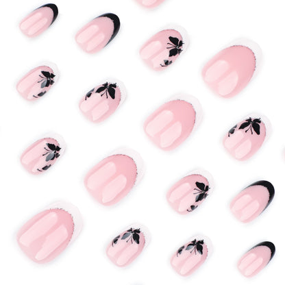 Short round nail manicure piece Simple French white edge  Black butterfly ins false nail ｜365nails