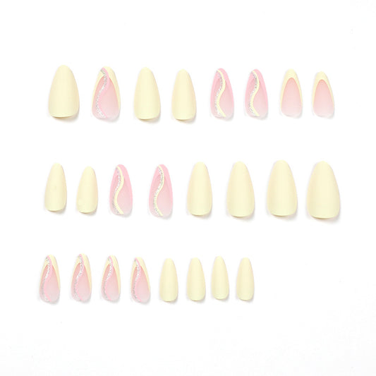 press on nails French manicure fresh yellow pink line glitter matte nails piece fake nails removable nails｜365nails