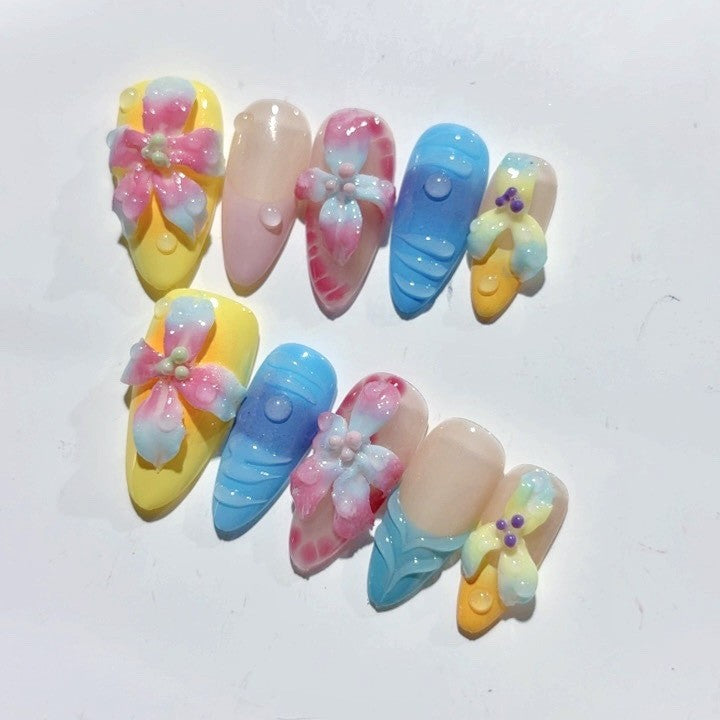 365nails: "Rainbow Floral Mermaid" – Medium Almond Colorful Floral Handmade Press-On Nails