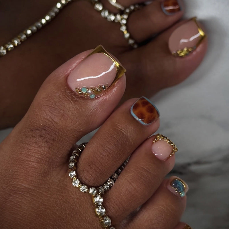 Luxury Nude & Gold Rhinestone Press On Toenails | Elegant Bling Pedicure