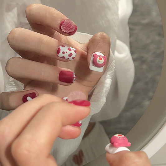 Three-dimensional cartoon strawberry bear pure handmade press-on nails removable nail art autumn and winter short hand-painted love nail art｜365nails
