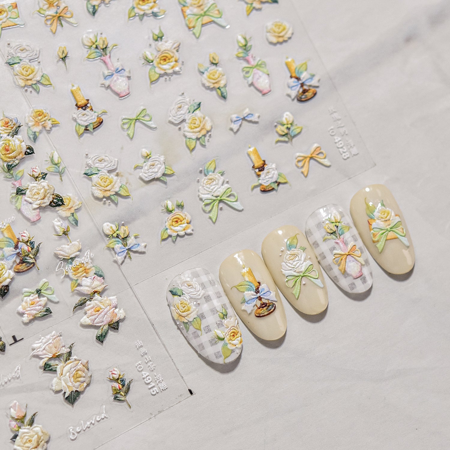 Vintage Floral Vase Nail Stickers – 5D Embossed Still Life Elegance Set