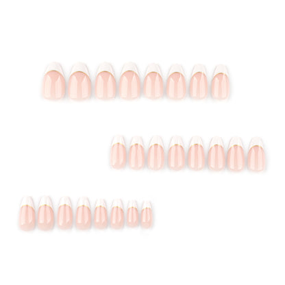 Unhas postiças francesas simples com bordas brancas e curtas, amêndoas, peça de unha postiça curva dourada, 365nails