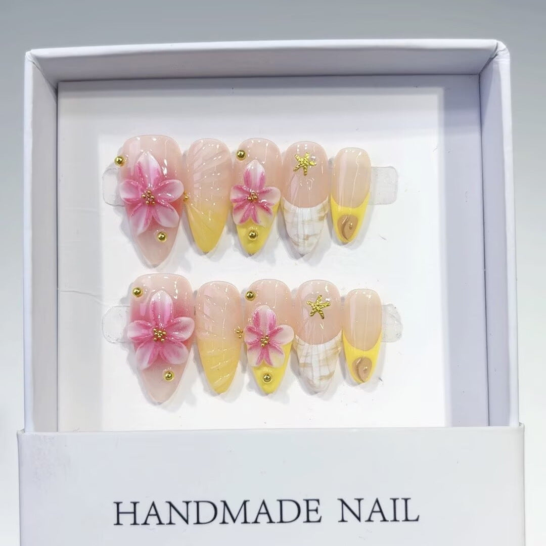 Tropical Bloom: "Brilho de Hibisco Rosa" – Unhas Postiças Artesanais Formato Amêndoa