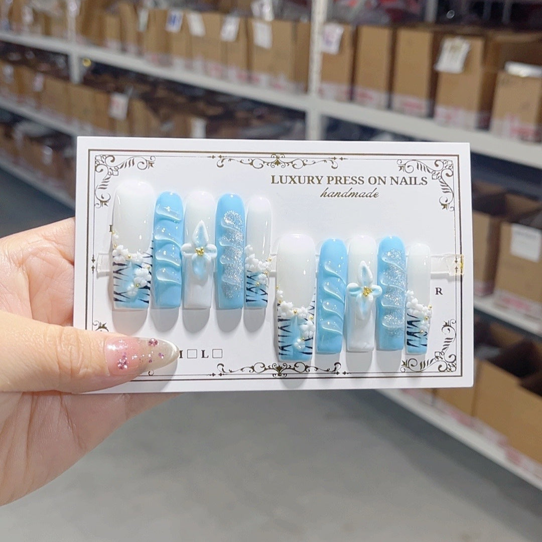 Blue Blossom Pearl Elegant Extra Long Press On Nails