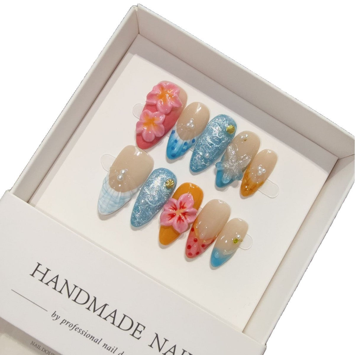 365nails: "Brisa Tropical" – Unhas Amêndoa Médias Feitas à Mão com Flores 3D