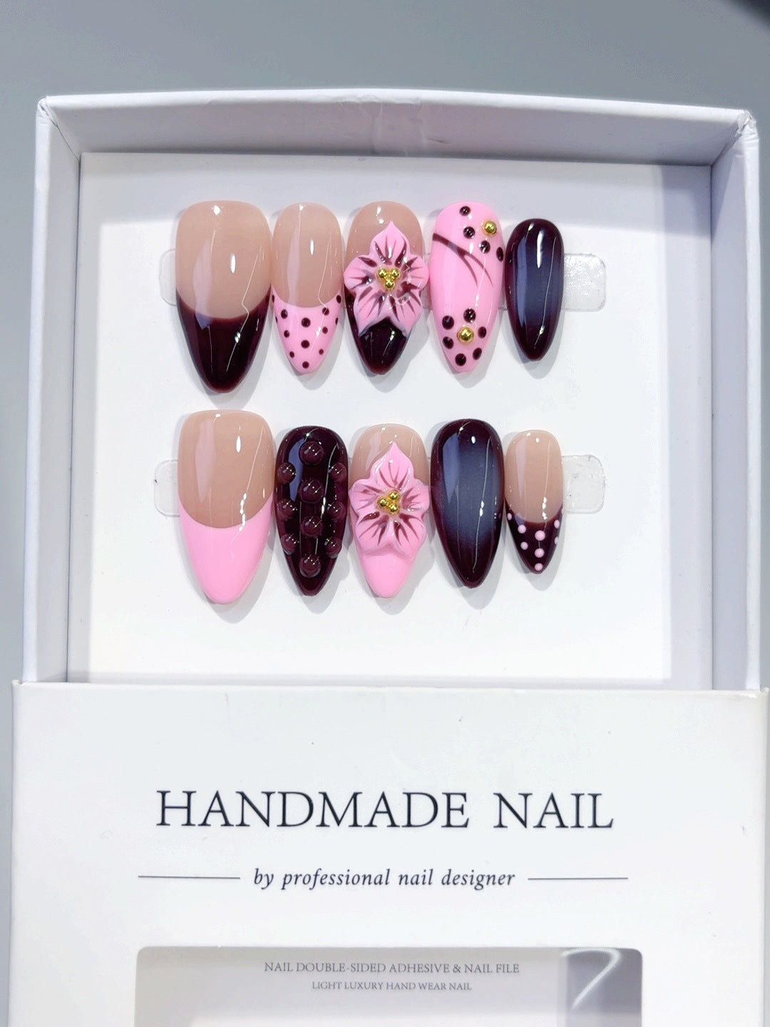 Noir Pink: "Midnight Cherry" – Long Almond Handmade Press-On Nails