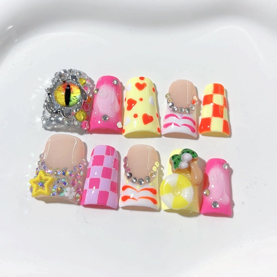 Candy Pop: "俏皮拼布" — 短款方形手工製穿戴甲