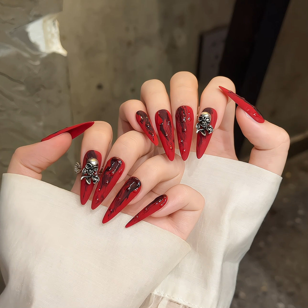 Long tip heavy industry handmade nails red ghost face beauty Europe and America extra long exaggerated nails dark | 365nails