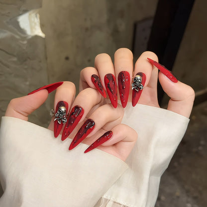 Long tip heavy industry handmade nails red ghost face beauty Europe and America extra long exaggerated nails dark | 365nails