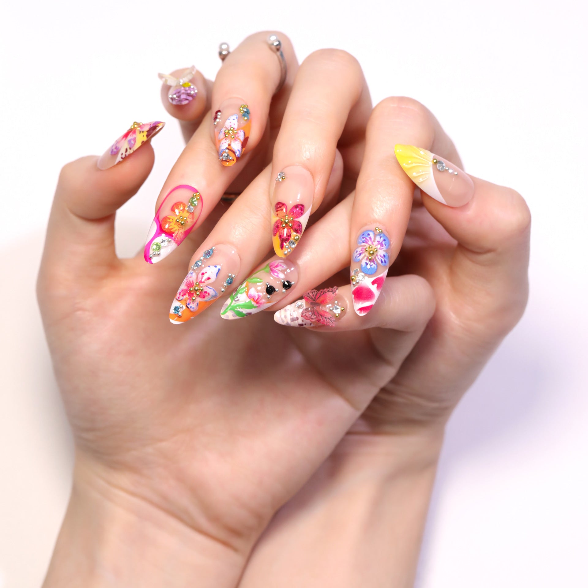 熱帶花卉 3D 立體 點鑽 蝴蝶 法式 甲片 熱賣色｜365nails