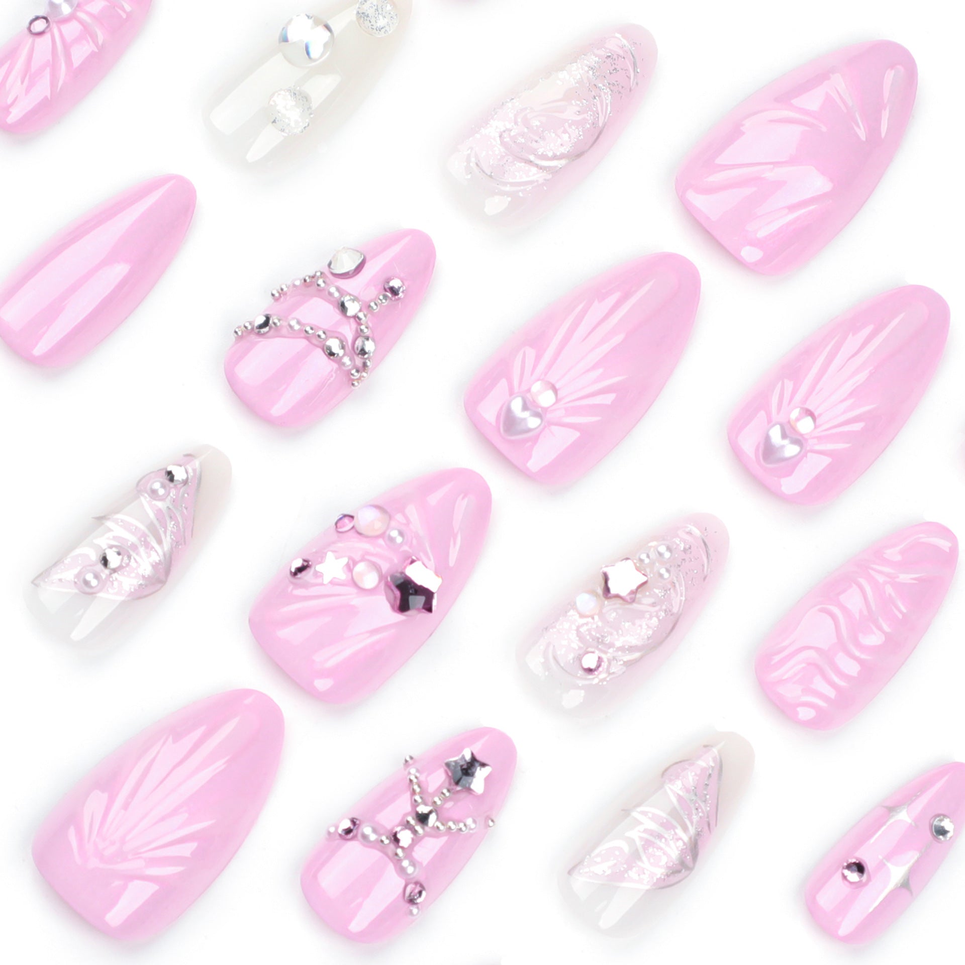 Sweet pink star manicure 3D ocean shell wearing armor three-dimensional butterfly flash diamond nail piece fake nails