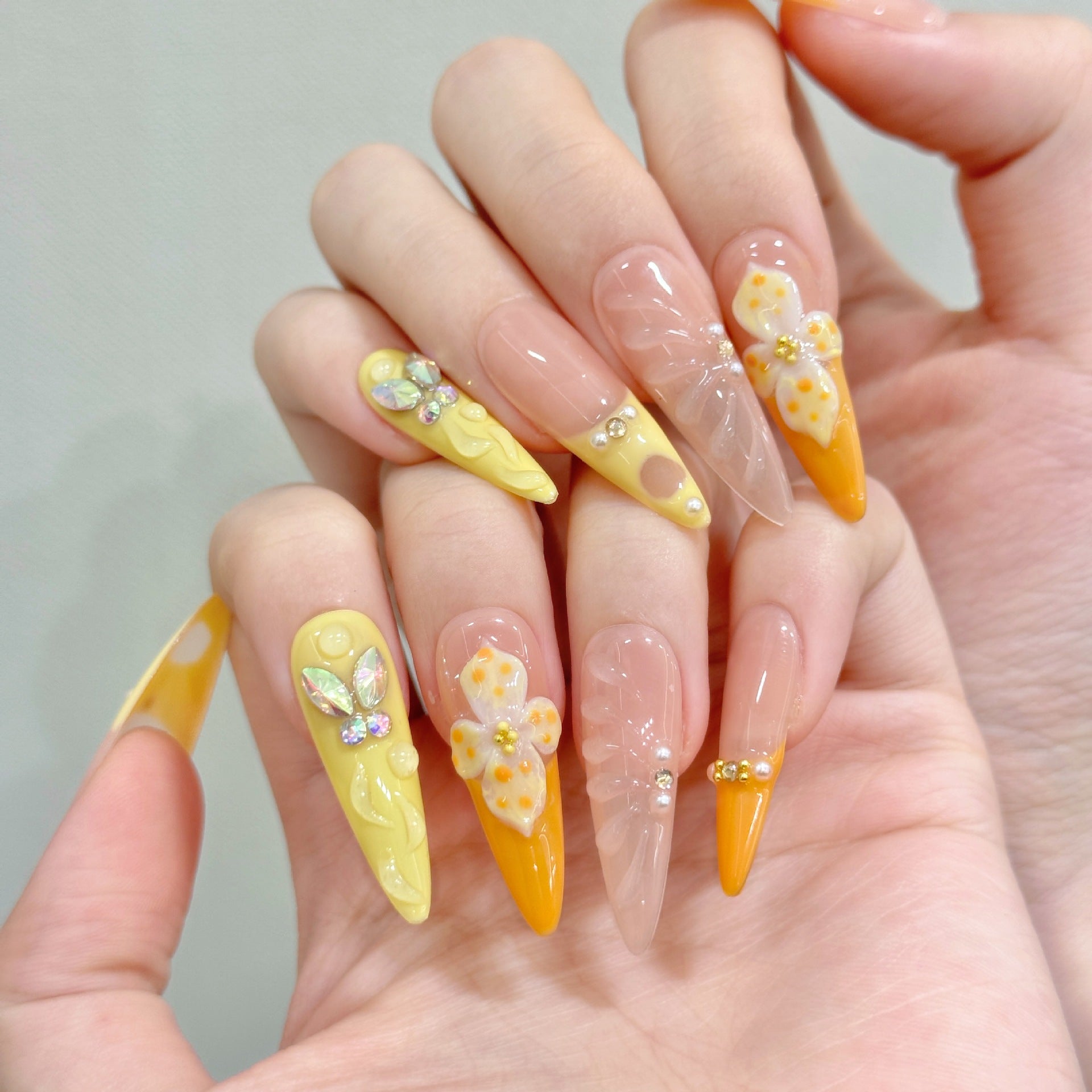 365nails: "Citrus Garden" – 3D Floral & Butterfly Handmade Long Almond Nails