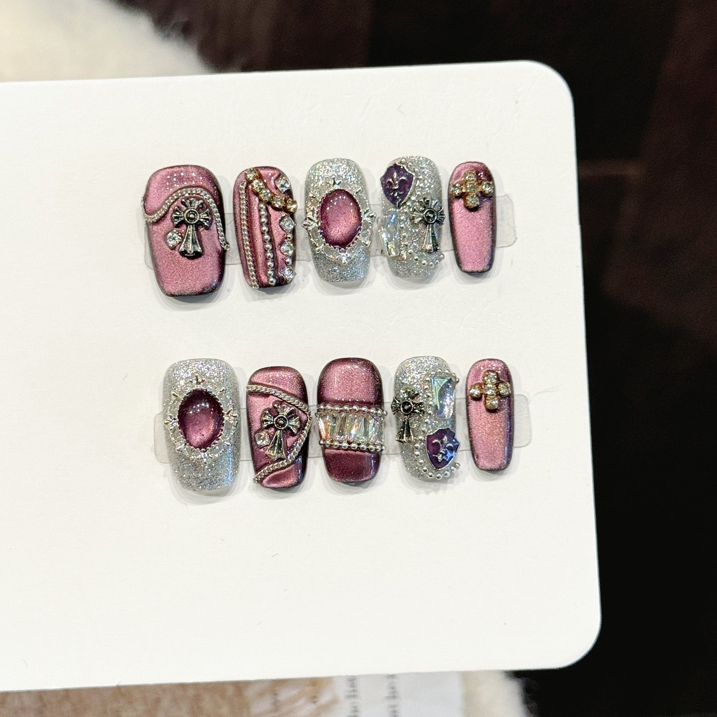 Rose Pink Cross Crystal Vintage Press On Nails