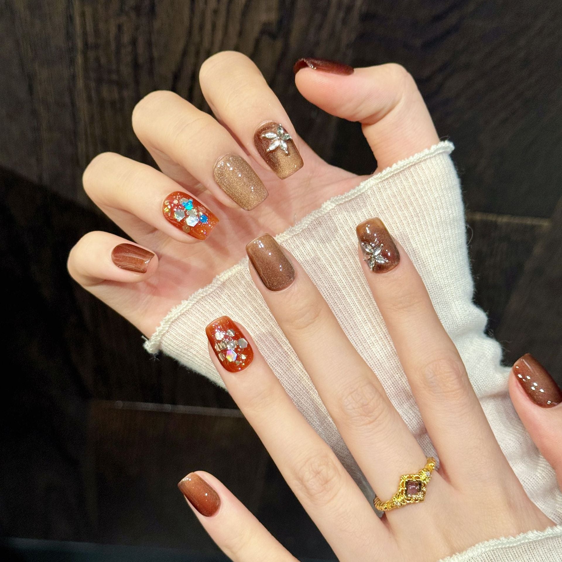 Glitter Brown Orange Accent Press On Nails