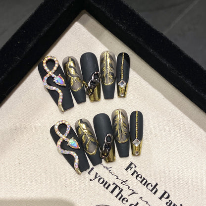 Midnight Spirit Snake handmade nails dark temperament style butterfly chain medium and long removable manicure | 365nails