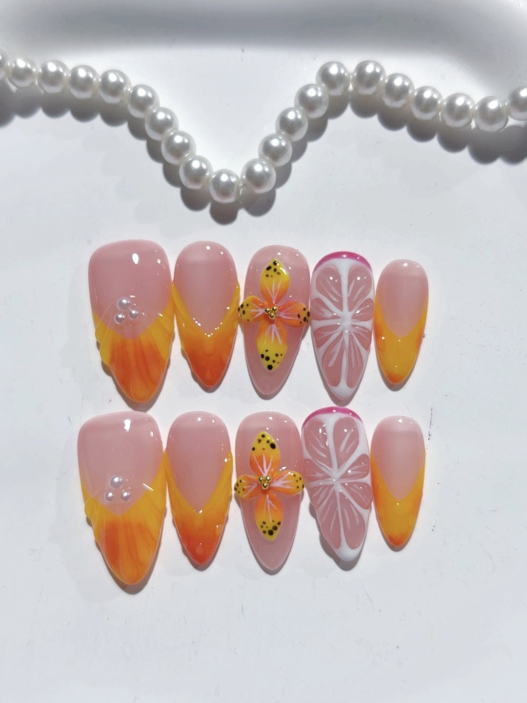 Tropical Citrus: "Sunset Citrus Bloom" – Medium Almond Nude & Orange Gradient Handmade Press-On