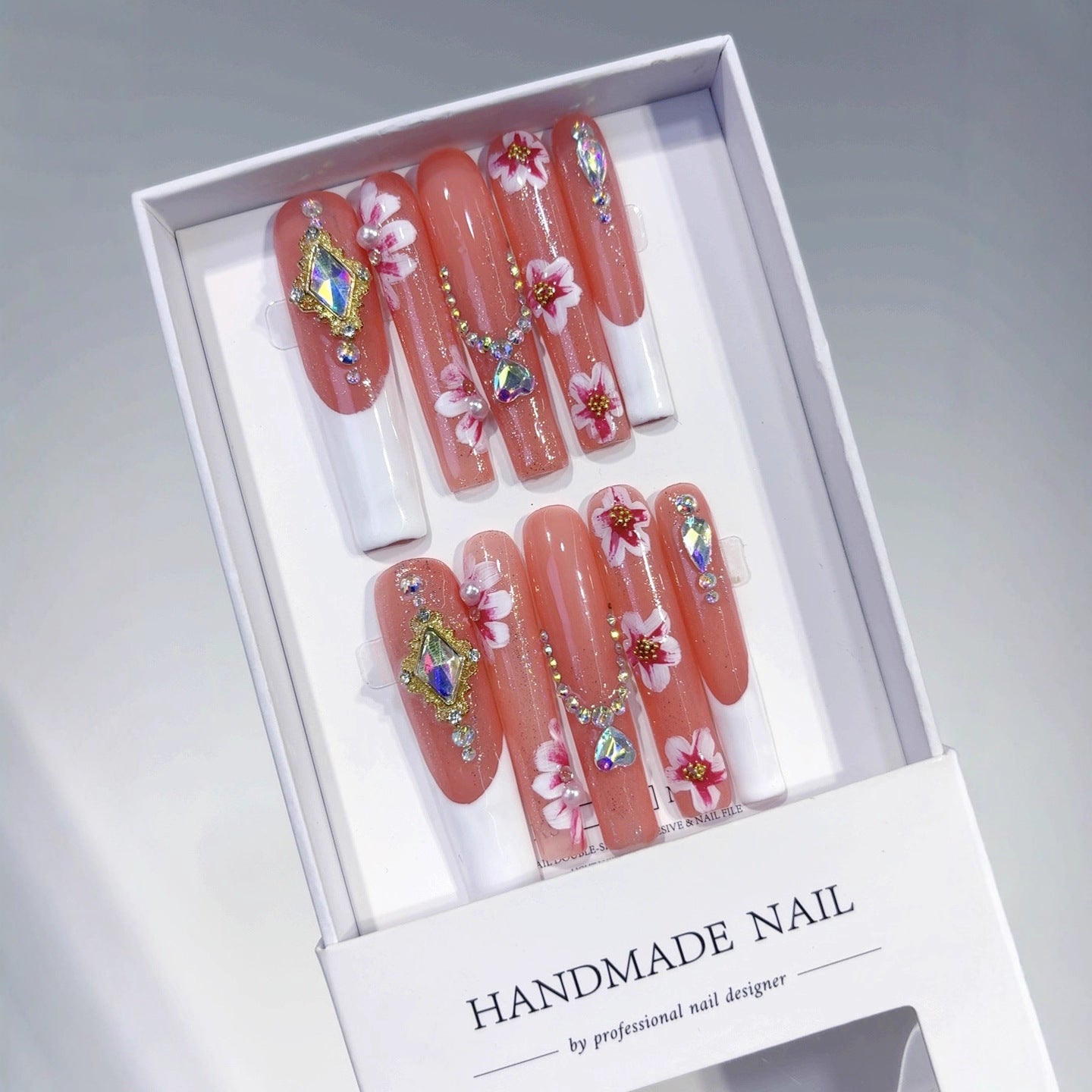 Coral White Floral Crystal Elegant Press On Nails