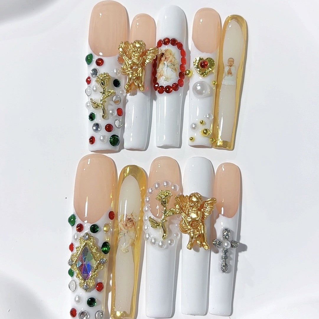 Vintage Baroque Angel Pearl Crystal Press On Nails